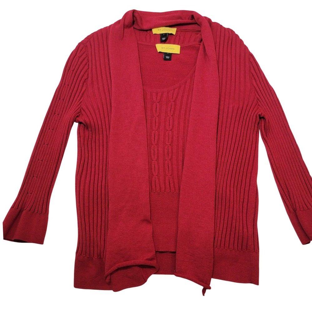 St. John Red Ribbed Knit Two Piece Cardigan Shell Twinset S wool silk cashmere
